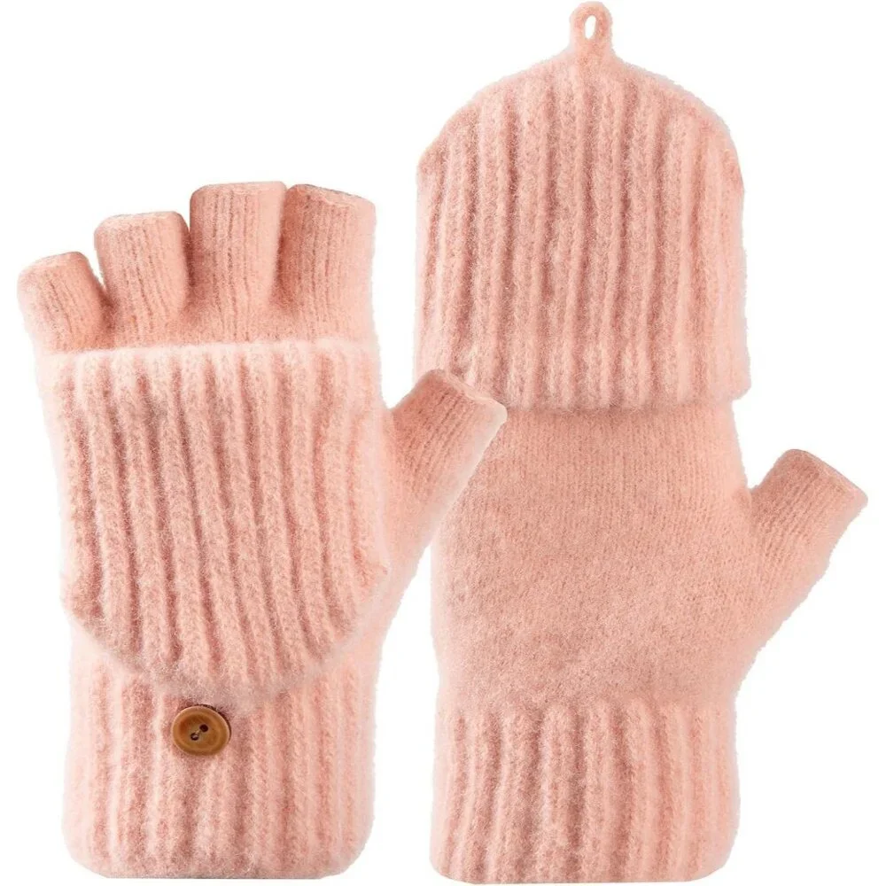 Women's Winter Warm Mittens Knitted Pink Gloves Fingerless Button Closure